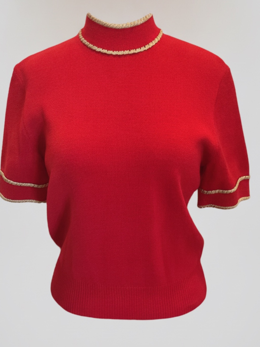 St. John Red Short-Sleeve Knit with Gold Trim